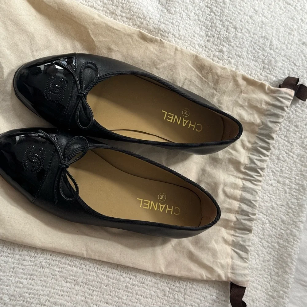 Chanel Black Leather Ballet Flats with Patent Toe